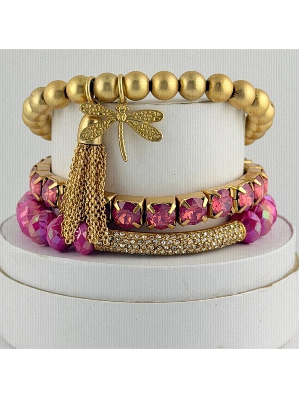 Bomb Party RETRO Stacks Dragonfly Hot Pink on Yellow Gold RARE FIND